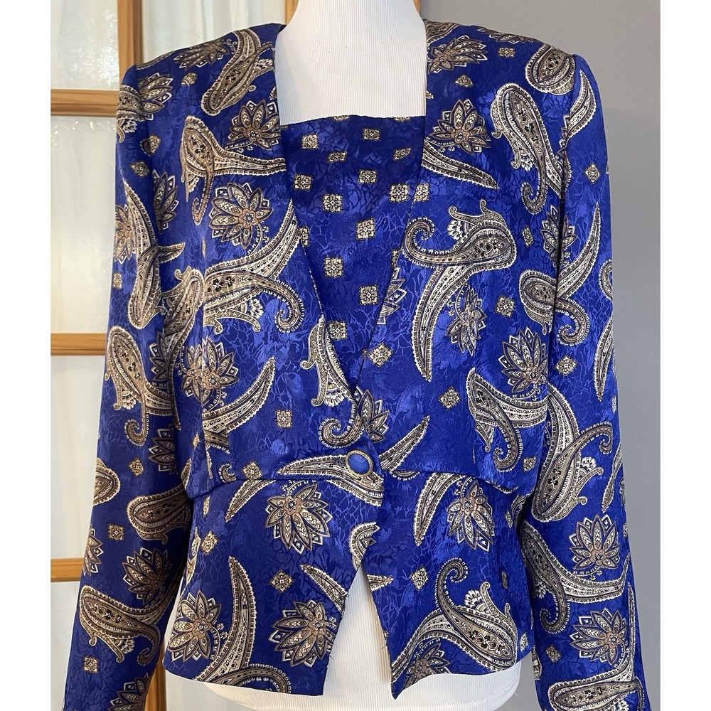 70s Evanna Paisley Satin Peplum Blouse Womens XL Blue Beige Long Sleeve USA Made